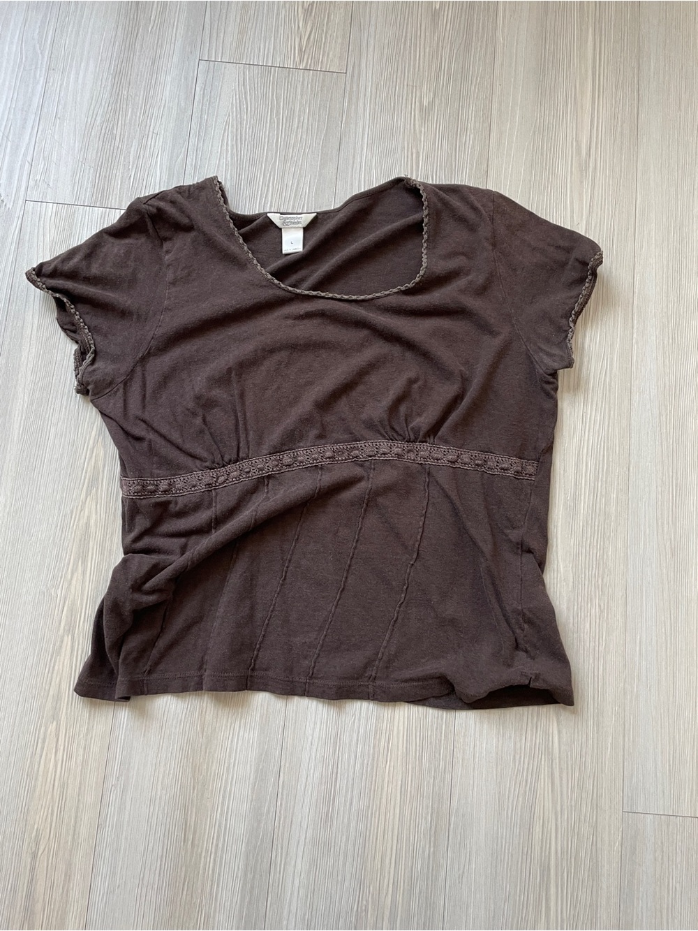 Christopher Banks Chocolate Brown Short-Sleeve V-Neck Top Embroidered Hems